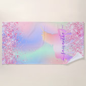 Eenhoorn roze paarse naam holografisch meisje strandlaken (Voorkant)