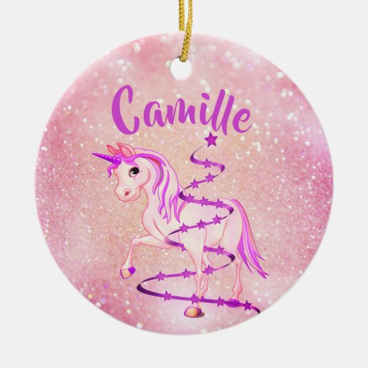 Eenhoorn Roze Paarse Schattigee Meisje Kerst Gelov Keramisch Ornament (Voorkant)