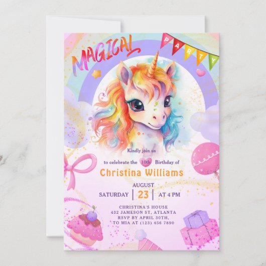 Eenhoorn roze regenboog verjaardag kaart (Voorkant)