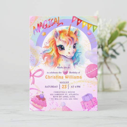 Eenhoorn roze regenboog verjaardag kaart (Staand voorkant)