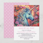 Eenhoorn Roze Rozen Party 3e verjaardag uitnodigin Kaart (Voorkant / Achterkant)