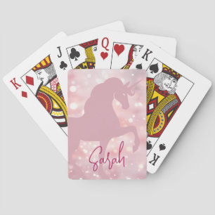 Eenhoorn roze sprankelende bokeh lichten naam tren pokerkaarten