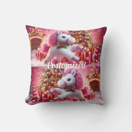 Eenhoorn roze vrolijke kerst kussen (Voorkant)