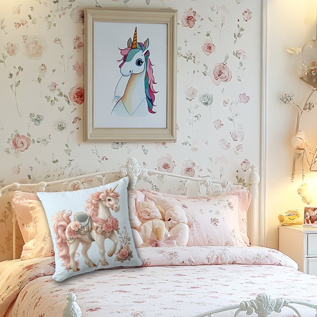  Eenhoorn Roze Wit Blauw Roze Rozen   Kussen (Creator heeft geüpload)