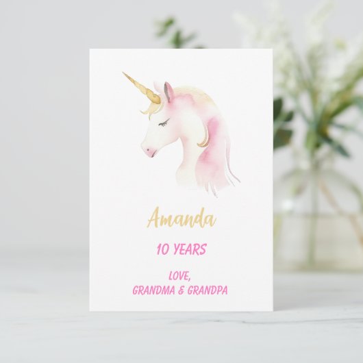 Eenhoorn roze wit gelukkig verjaardag kaart (Staand voorkant)