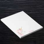 Eenhoorn roze wit naam meisje notitieblok<br><div class="desc">Een schattige roze en gouden eenhoornkop. Witte achtergrond. Personaliseer en voeg jouw namen toe. Roze letters.</div>