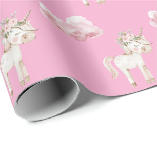 Eénhoorn Roze Wolk Bloemige Verjaardag Cadeaupapier