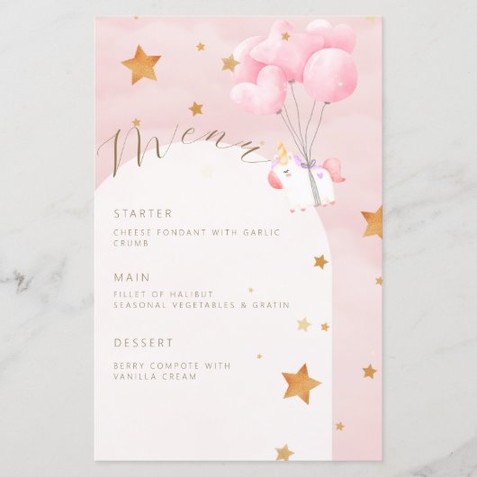 Eenhoorn Roze Wolken Meisje Baby shower Menu (Voorkant)