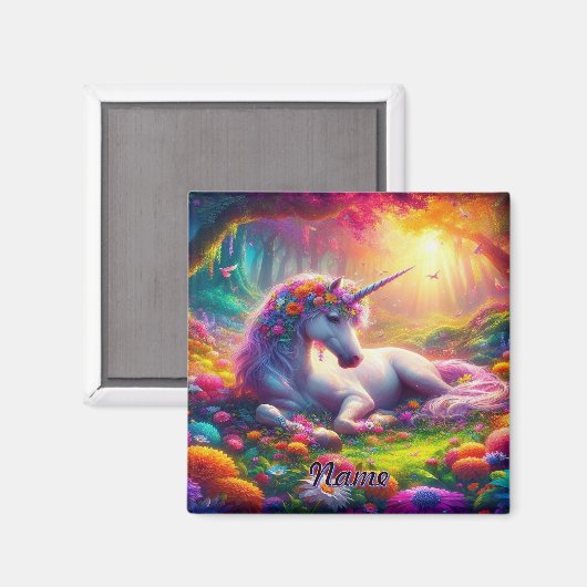 Eenhoorn rust in een levendig betoverd bos magneet (Voorkant / Achterkant)