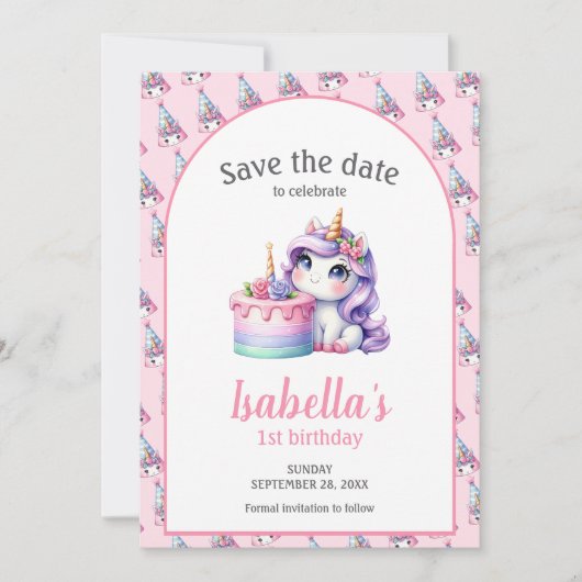 Eenhoorn Schattige Magisch Verjaardagsfeest Save The Date (Voorkant)
