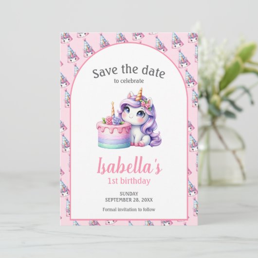 Eenhoorn Schattige Magisch Verjaardagsfeest Save The Date (Staand voorkant)