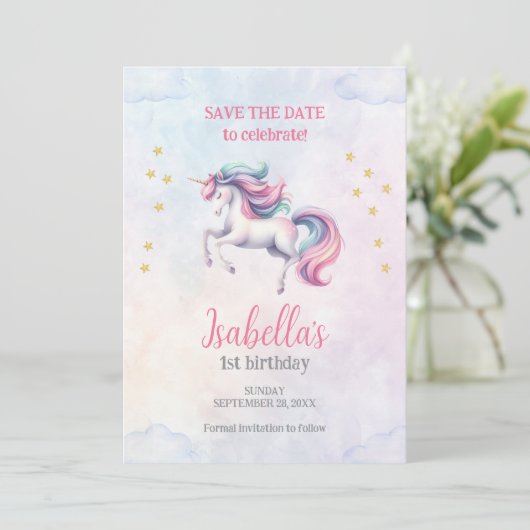 Eenhoorn Schattigee magische Waterverf verjaardags Save The Date (Staand voorkant)