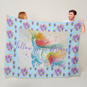 Eenhoorn schilderij dromen Blauw Bloemen Fleece De Deken