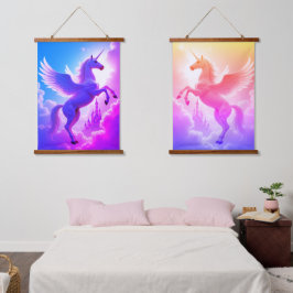 Eenhoorn set Hout Topped Wall Tapestry twee Panel Hangend Wandkleed