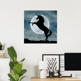 Eenhoorn Silhouet Volle Maan Nachtelijke Hemel Poster