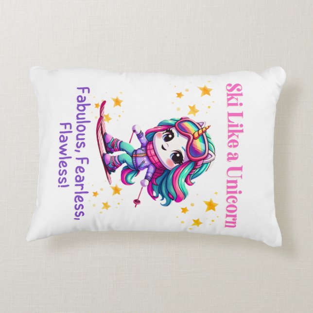 Eenhoorn skiër wintersport magische bergen accent kussen (Achterkant)