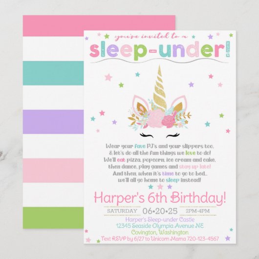 Eenhoorn Slaap-onder Uitnodiging, Eenhoorn Uitnodi Kaart (Voorkant / Achterkant)