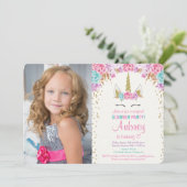 Eenhoorn slaapfeest roze en gouden foto verjaardag kaart (Staand voorkant)