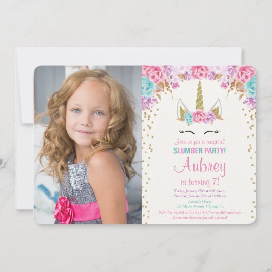 Eenhoorn slaapfeest roze en gouden foto verjaardag kaart (Voorkant)