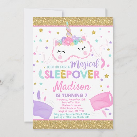 Eenhoorn Sleepover Party Uitnodiging Slumber Party (Voorkant)