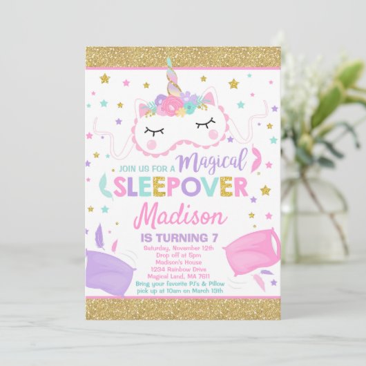 Eenhoorn Sleepover Party Uitnodiging Slumber Party (Staand voorkant)