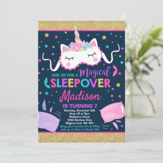 Eenhoorn Sleepover Party Uitnodiging Slumber Party (Staand voorkant)