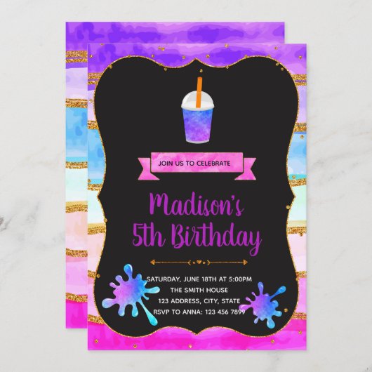 Eenhoorn slijm en frappuccino verjaardagsuitnodigi kaart (Voorkant / Achterkant)