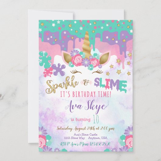 Eenhoorn Slijm Verjaardag Uitnodiging Slijm Party (Voorkant)