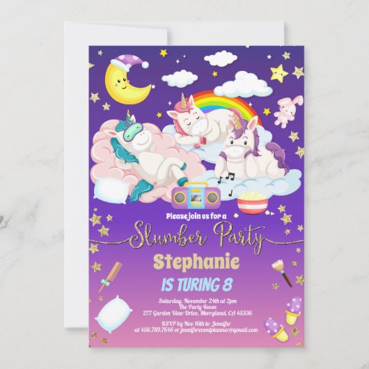 Eenhoorn sluimer feest verjaardag logeerpartij kaart (Voorkant)