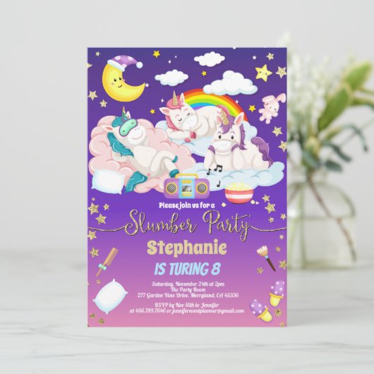 Eenhoorn sluimer feest verjaardag logeerpartij kaart (Staand voorkant)