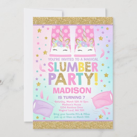 Eenhoorn Slumber Party Verjaardag Uitnodiging (Voorkant)