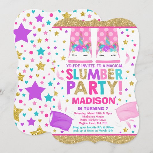 Eenhoorn Slumber Party Verjaardag Uitnodiging (Voorkant / Achterkant)