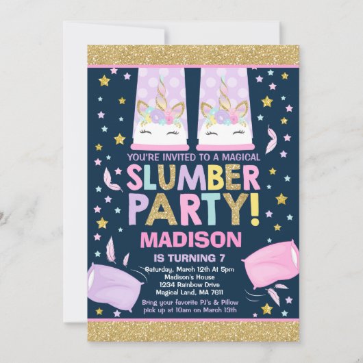 Eenhoorn Slumber Party Verjaardag Uitnodiging (Voorkant)