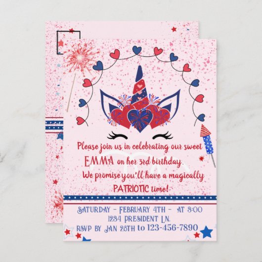 Eenhoorn sparkle patriot verjaardag, uitnodiging briefkaart (Voorkant / Achterkant)