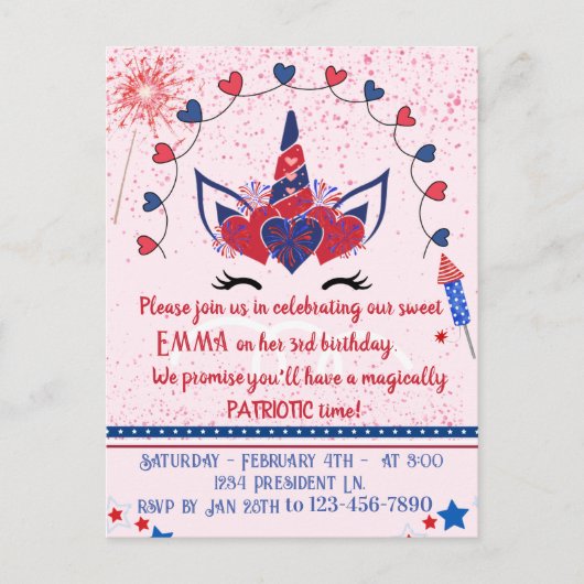 Eenhoorn sparkle patriot verjaardag, uitnodiging briefkaart (Voorkant)