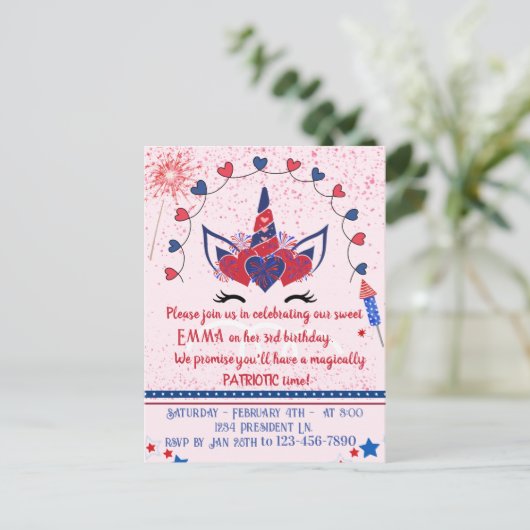 Eenhoorn sparkle patriot verjaardag, uitnodiging briefkaart (Staand voorkant)
