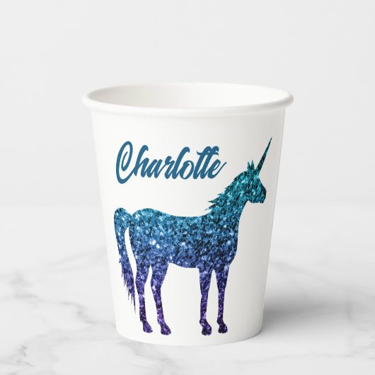 Eenhoorn Sparkles aqua blue ombre Aangepaste naam Papieren Bekers (Achterkant)