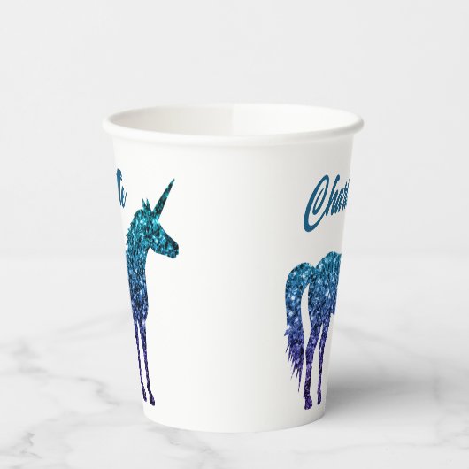 Eenhoorn Sparkles aqua blue ombre Aangepaste naam Papieren Bekers (Links)