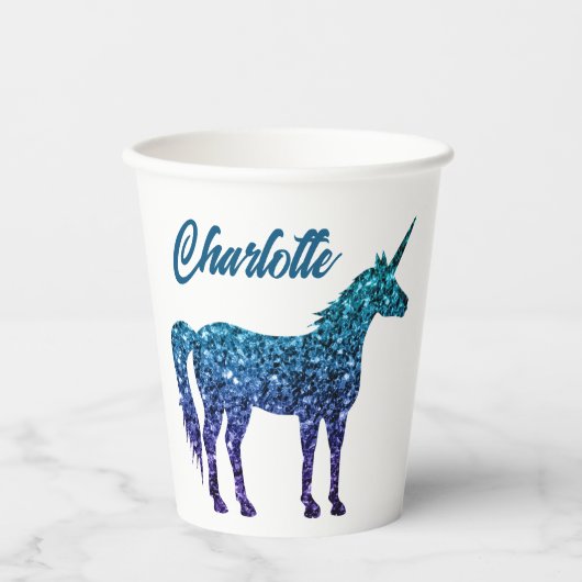 Eenhoorn Sparkles aqua blue ombre Aangepaste naam Papieren Bekers (Voorkant)