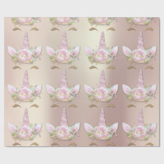 Eenhoorn Sparkly Glitter Roze Gouden Bloemenparel Cadeaupapier (Vlak)
