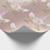 Eenhoorn Sparkly Glitter Roze Gouden Bloemenparel Cadeaupapier (Hoek)