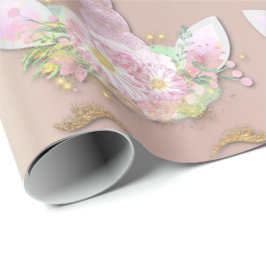 Eenhoorn Sparkly Glitter Roze Gouden Bloemenparel Cadeaupapier