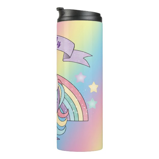 Eenhoorn & Sparkly Rainbow Aangepaste Naam Kleurri Thermosbeker (Geroteerd rechts)