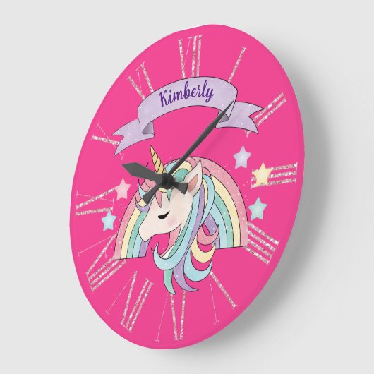 Eenhoorn & Sparkly Rainbow Aangepaste naam op Hot  Grote Klok (Hoek)