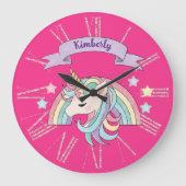 Eenhoorn & Sparkly Rainbow Aangepaste naam op Hot  Grote Klok (Voorkant)