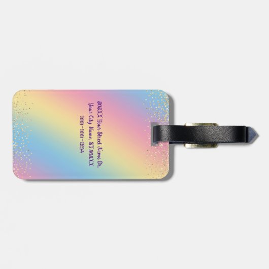 Eenhoorn & Sparkly Rainbow Gold Glitter Aangepaste Bagagelabel (Achterkant horizontaal)