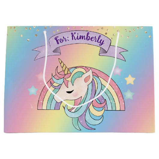Eenhoorn & Sparkly Rainbow Gold Glitter Aangepaste Groot Cadeauzakje (Voorkant)