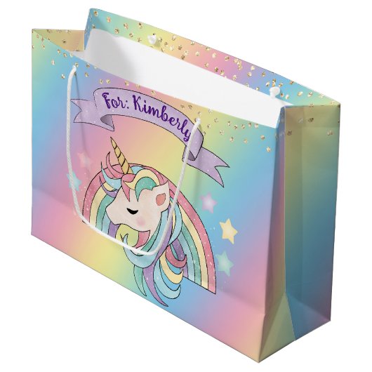 Eenhoorn & Sparkly Rainbow Gold Glitter Aangepaste Groot Cadeauzakje (Voorkant Gekanteld)