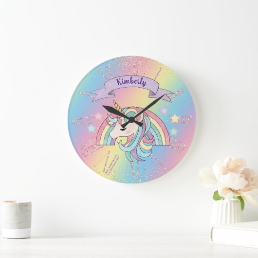 Eenhoorn & Sparkly Rainbow Gold Glitter Aangepaste Grote Klok (Huis)
