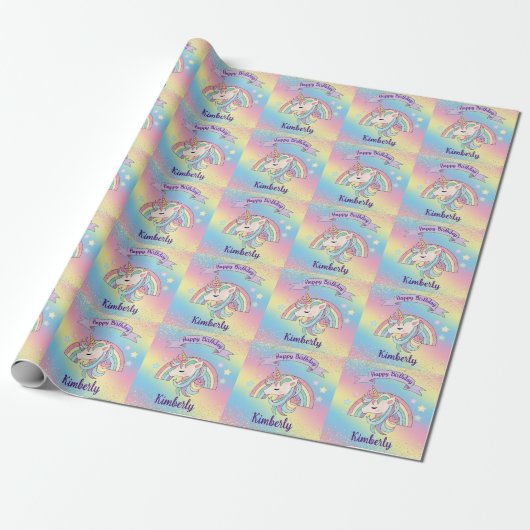 Eenhoorn & Sparkly Rainbow met Gouden Glitter Cadeaupapier (Uitgerold)